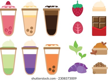 Many flavors of drinks and drink ingredients such as toppings, fruit flavors for making drinks.