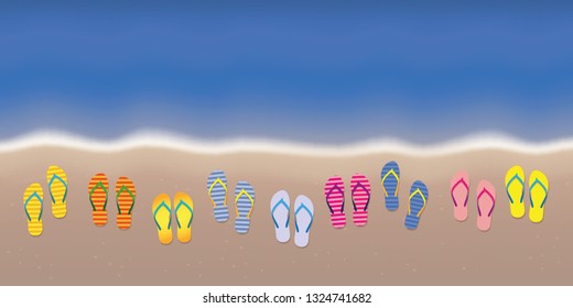 many flip flops on the beach with dark blue water summer holiday background vector illustration EPS10