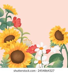 Many flowers blooming and many sunflowers
