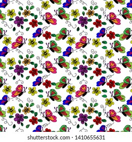 Many flowers and butterfly pattern on white background wallpaper design.Vector illustration.
