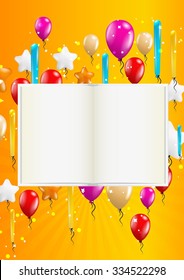 many flying balloons with empty book ready for your text on yellow background