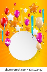 many flying balloons with empty paper ready for your text on yellow background