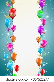 many flying balloons with empty torn paper ready for your text on blue background
