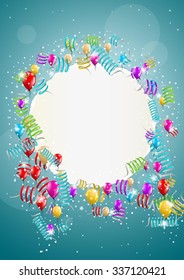 many flying balloons with empty torn paper ready for your text on blue background