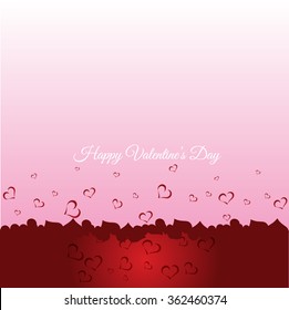Many flying hearts. Simple design. Vector illustration with red love hearts on a pink background. Valentines card with red hearts and Happy Valentine's Day phrase. Vector illustration