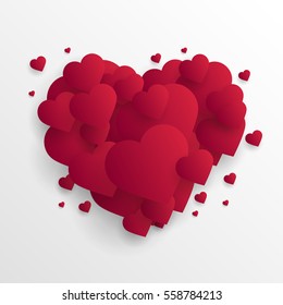 Many flying red hearts. Vector love background. Valentines day concept.