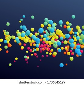 Many flying spheres of different sizes in empty space. Abstract background. 3d vector illustration. 