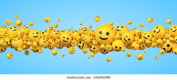 Many flying yellow balls in different sizes with smiling faces. Social media and communications concept vector background