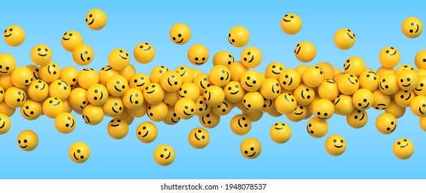 Many flying yellow balls with smiling faces on blue background. Social media and communications concept vector background