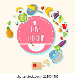 Many food objects flying around circle with text message. Vector illustration