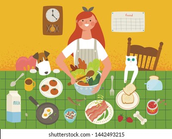 Many foods on the lunch table. A dog looking at food and a cat stealing toast. a woman who makes salads flat design style minimal vector illustration.
