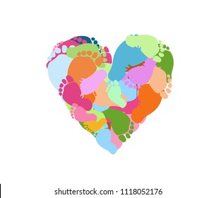 Many foot prints in multi-colored paints in the form of a heart. Pregnancy, love, schatye, day of protection of children. 