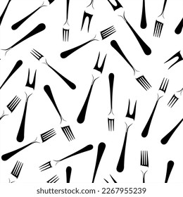 Numerosas horquillas de diferentes formas (comedor, carne, postre) son dibujadas a mano con el estilo de un logotipo en blanco y negro.Ilustración vectorial,EPS 8.Patrón sin costura para el diseño, impresión de poligrafía, textiles