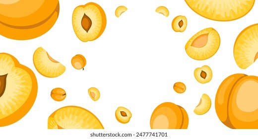 Many fresh apricots falling, flying isolated on white background. Vector cartoon border illustration of sweet juicy orange fruits. Organic food frame. Summer dessert