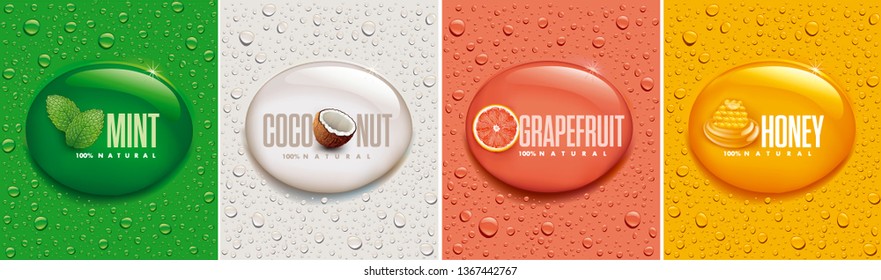 many fresh drops on different color backgrounds with mint, coconut, grapefruit, honey