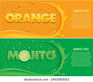 many fresh drops on orange and green backgrounds with splash, orange and lime slice, mint leaf	