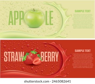 many fresh drops on red and green backgrounds with splash and apple and strawberry	
