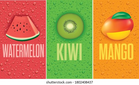 many fresh juice drops background with watermelon, kiwi, mango