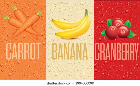 many fresh juice drops background with carrot, banana, cranberry