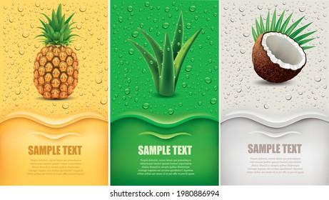 many fresh juice drops background with coconut, aloe vera, pineapple