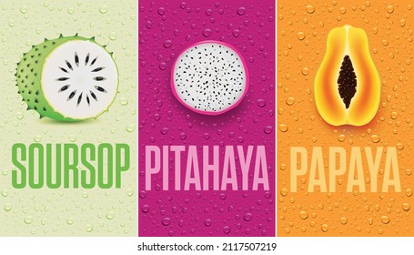 many fresh juice drops background with soursop, papaya