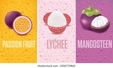 many fresh juice drops background with mangosteen, lychee, passionfruit	
