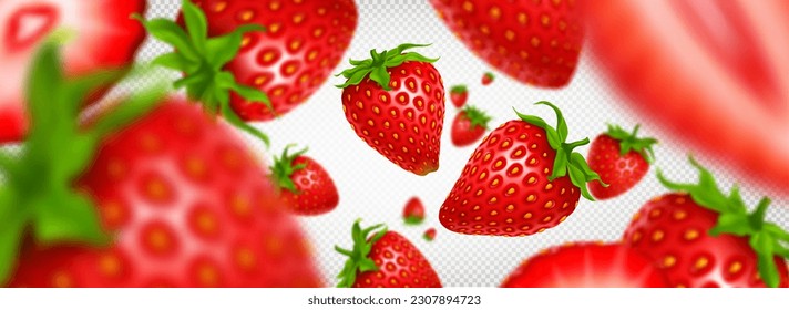 Many fresh strawberries falling, flying isolated on transparent background. Vector realistic illustration of sweet juicy red berries with green leaves. Organic food. Summer harvest. Dessert ingredient