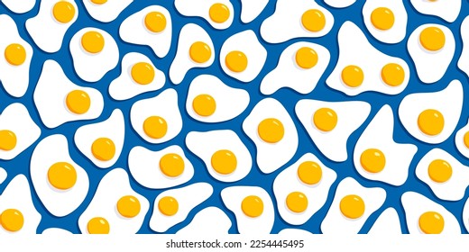 Muchos huevos fritos de fondo azul, comida de estilo plano, diseño abstracto vectorial patrón sin fisuras
