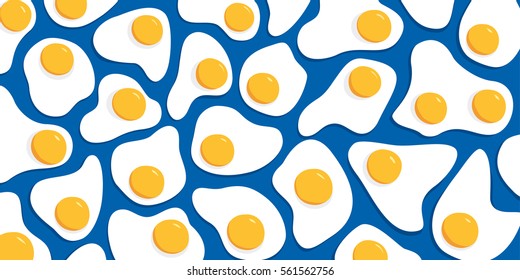 Many fried eggs on a blue background, the food in the flat style, abstract vector design pattern
