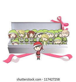 Many friends with Santa Claus costume inside a gift box. Vector illustration.