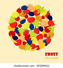 Many fruits in circle. Vector illustration. Concept of healthy eating, vegetarian diet.