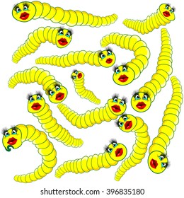 Many funny bright cartoon vector worms caterpillars and snakes with faces yellow color on white background