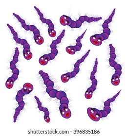 Many funny bright cartoon vector worms caterpillars and snakes with faces violet color on white background