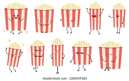 Many funny cups of tasty popcorn on white background