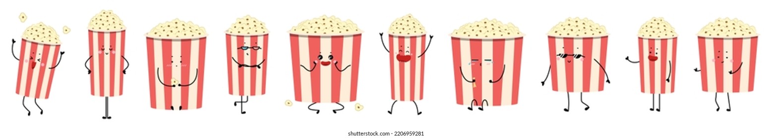 Many funny cups of tasty popcorn on white background