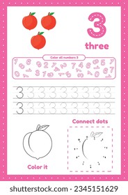 Many games on one page for kids education. Color page, dot to dot, trace. Worksheets for preschool children. Learning number 3