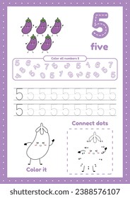 Many games on one page for preschool kids. Color page, dot to dot, trace. Learning number 5