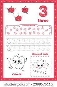 Many games on one page for preschool kids. Color page, dot to dot, trace. Learning number 3