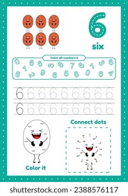 Many games on one page for preschool kids. Color page, dot to dot, trace. Learning number 6