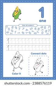 Many games on one page for preschool kids. Color page, dot to dot, trace. Learning number 1