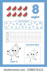 Many games on one page for preschool kids. Color page, dot to dot, trace. Learning number 8