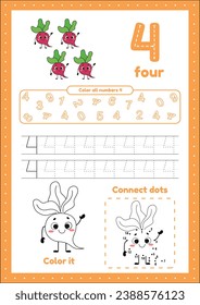 Many games on one page for preschool kids. Color page, dot to dot, trace. Learning number 4