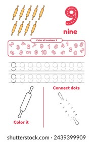 Many games on one page for kids education. Color page, connect dots, trace. Learning number 9