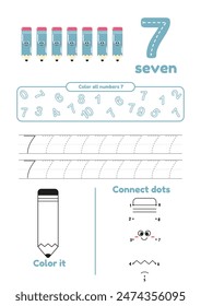 Many games on one page for kids. Color, dot to dot, trace. Learn number 7