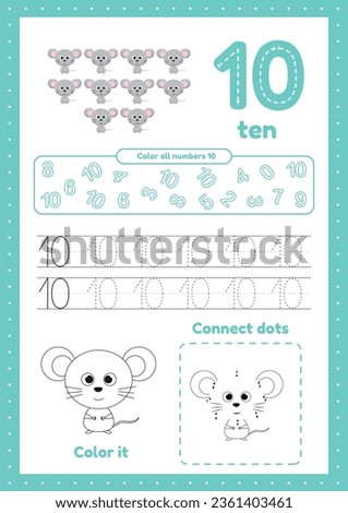 Many games on one page for kids education. Color page, dot to dot, trace. Worksheets for preschool children. Learning number 10
