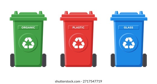 Muitas lixeiras com resíduos triados, triagem de lixo orgânico, plástico e vidro, ecologia e conceito de reciclagem.