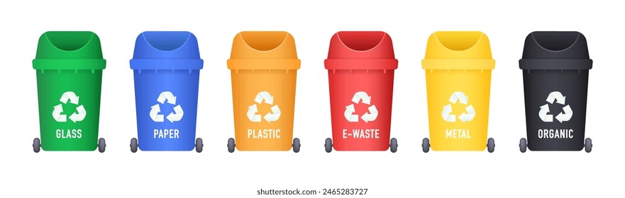 Many garbage cans with sorted garbage. Ecology and recycle concept. Green, yellow, red, blue and black recycle bins with recycling symbol. Vector illustration