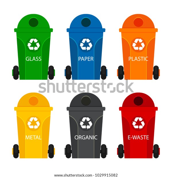 Many garbage cans with\
sorted garbage.Trash cans isolated on white background. Sorting\
garbage. Ecology and recycle concept. A set of garbage cans. Vector\
illustration.