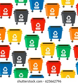 Many garbage cans with sorted garbage. Seamless pattern dumpsters for garbage sorting. Ecology and recycle concept. Trash cans isolated on white background. vector flat illustrations.