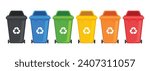 Many garbage cans with sorted garbage. Sorting garbage. Ecology  and recycle. Trash cans. Green, yellow, orange, red, blue and black recycle bins with recycle symbol isolated on white background.